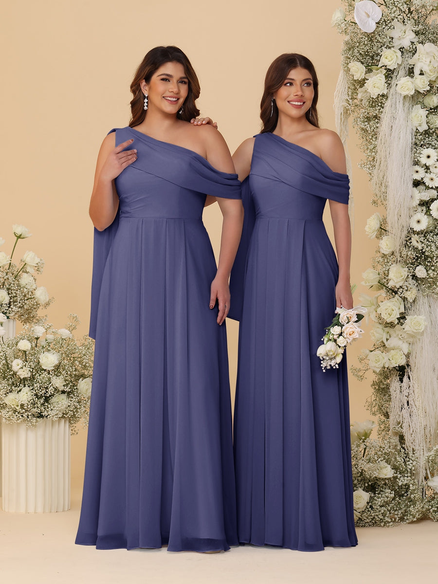 A-Line/Princess One-Shoulder Floor-Length Plus Size Bridesmaid Dresses With Watteau Train Stormy Blue