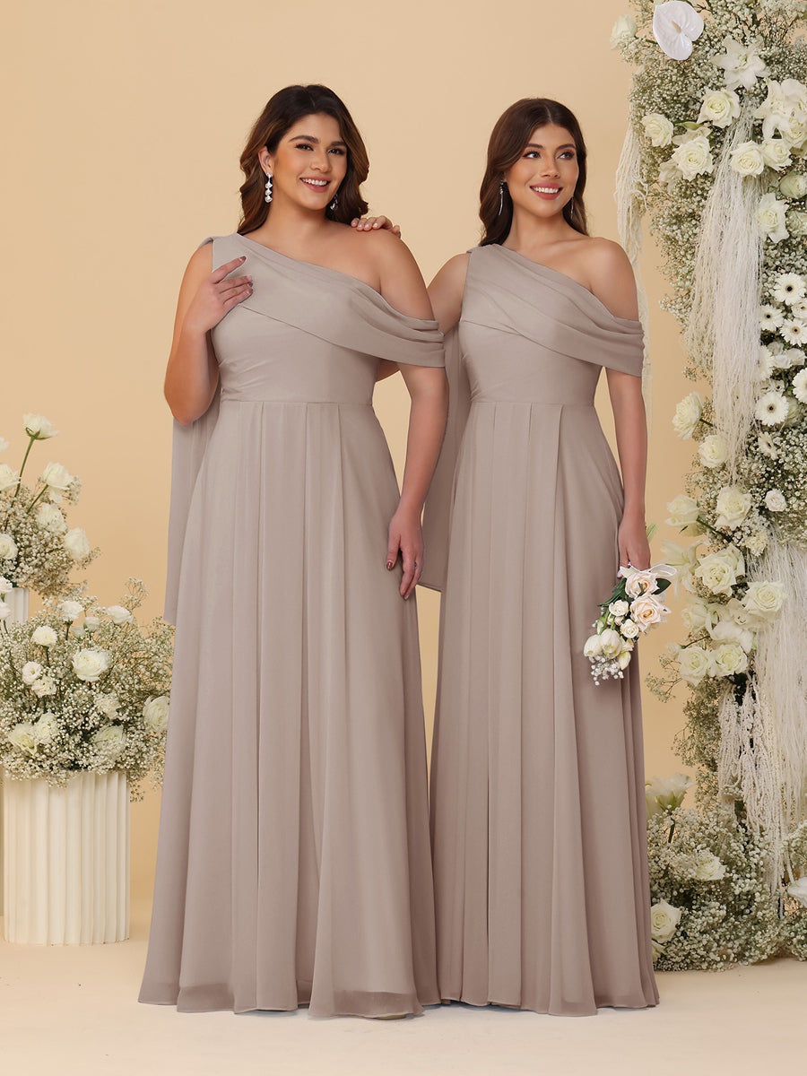 A-Line/Princess One-Shoulder Floor-Length Plus Size Bridesmaid Dresses With Watteau Train Taupe