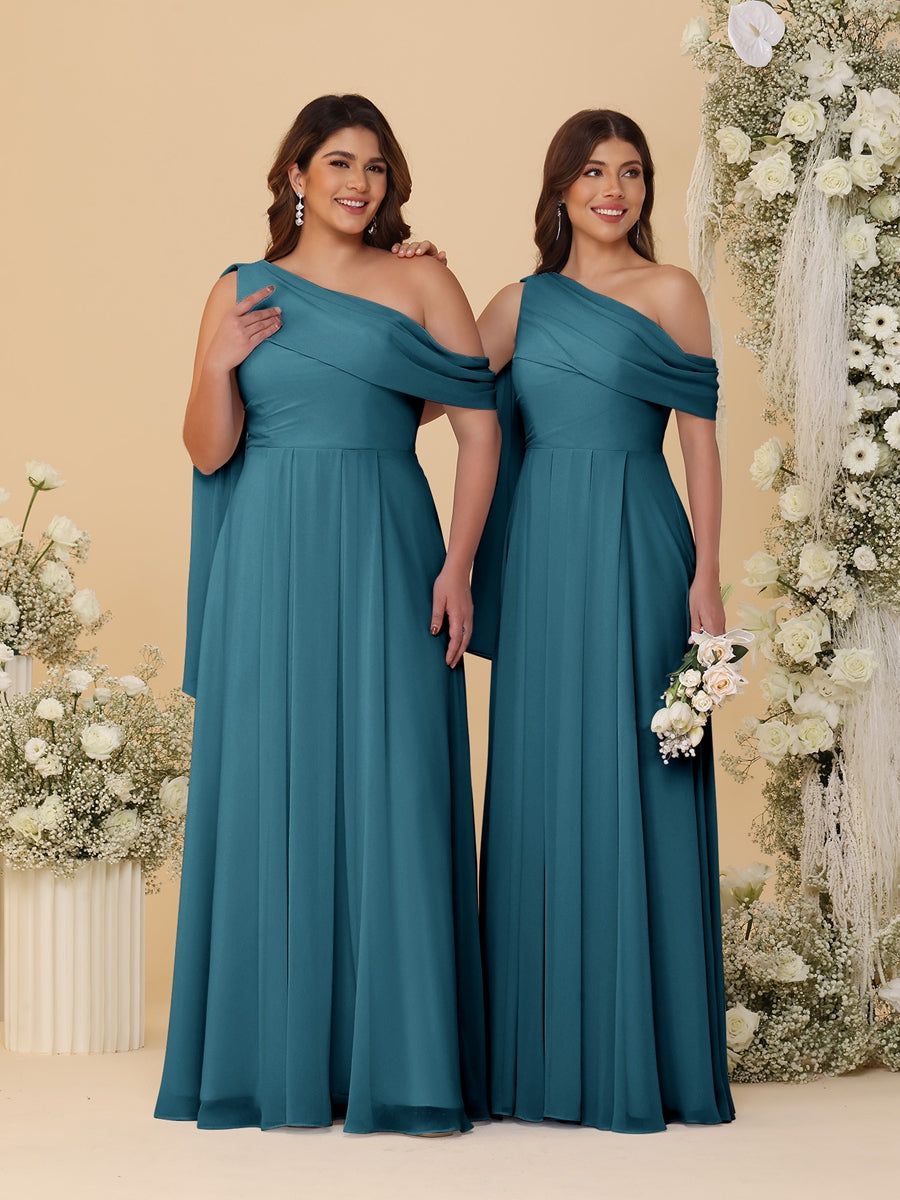 A-Line/Princess One-Shoulder Floor-Length Plus Size Bridesmaid Dresses With Watteau Train Teal