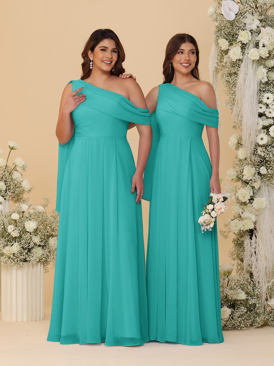 A-Line/Princess One-Shoulder Floor-Length Plus Size Bridesmaid Dresses With Watteau Train Turquoise
