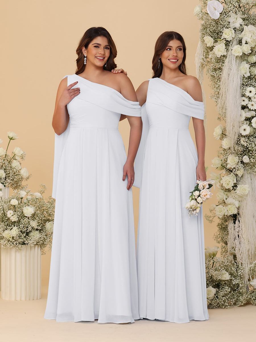 A-Line/Princess One-Shoulder Floor-Length Plus Size Bridesmaid Dresses With Watteau Train White