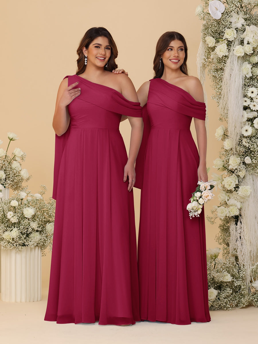 A-Line/Princess One-Shoulder Floor-Length Plus Size Bridesmaid Dresses With Watteau Train Wine Red