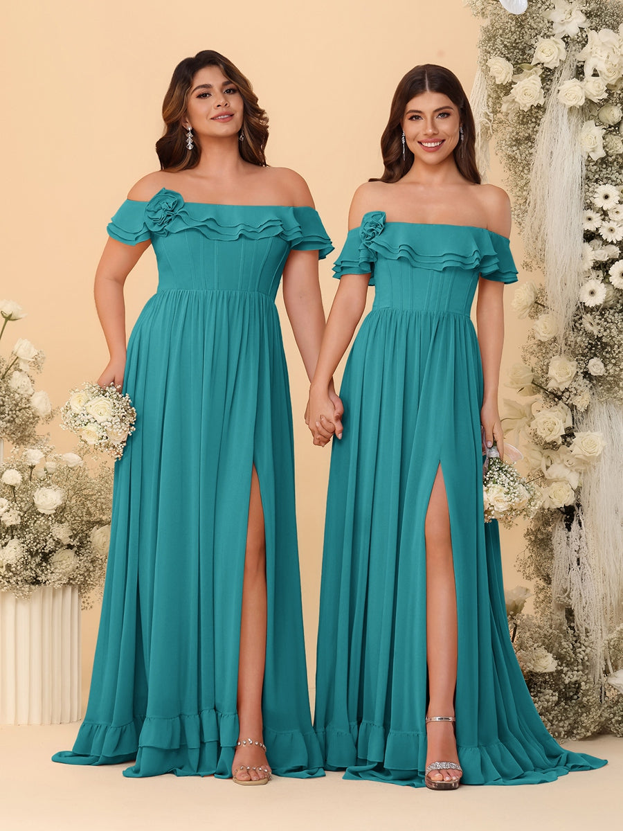 Chiffon A-Line/Princess Off-the-Shoulder Short Sleeves Ruched Bridesmaid Dresses Aqua Blue