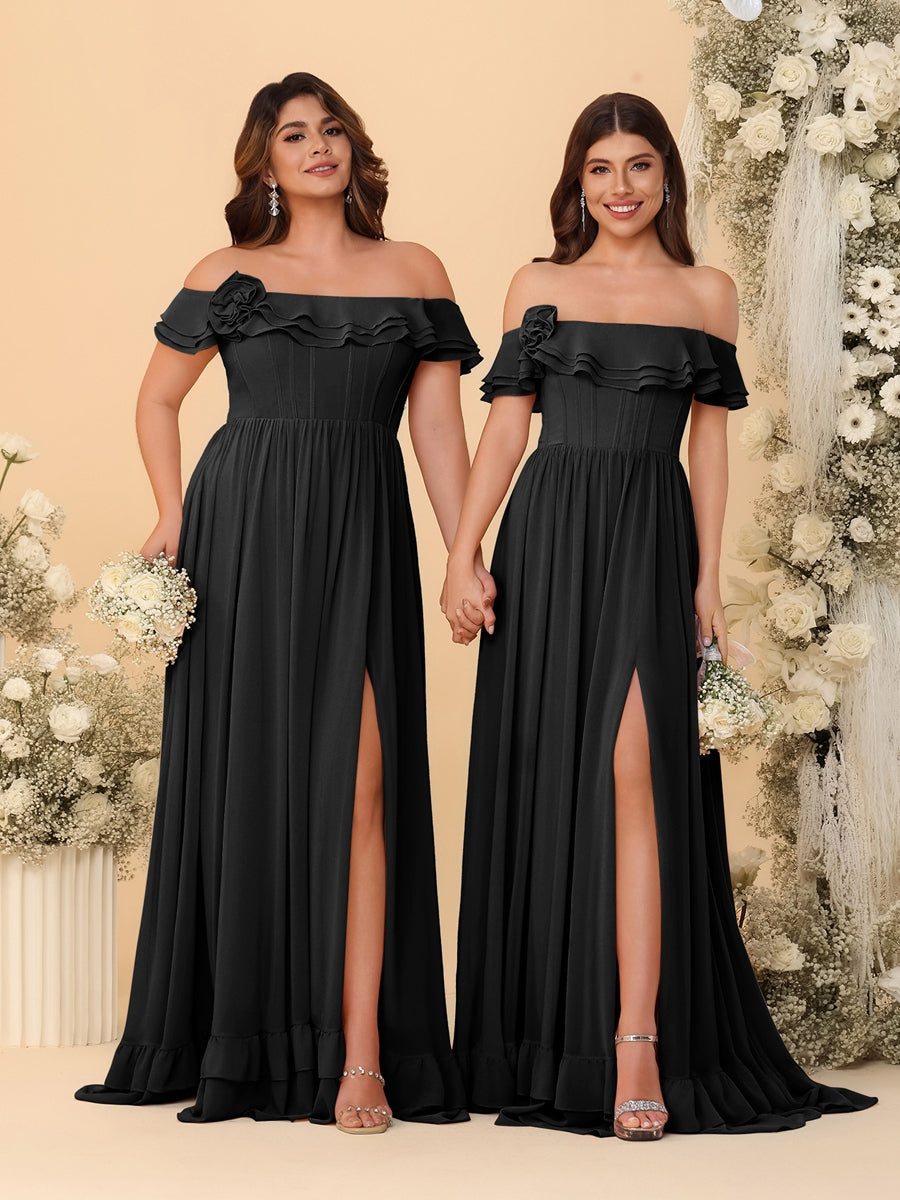 Chiffon A-Line/Princess Off-the-Shoulder Short Sleeves Ruched Bridesmaid Dresses Black