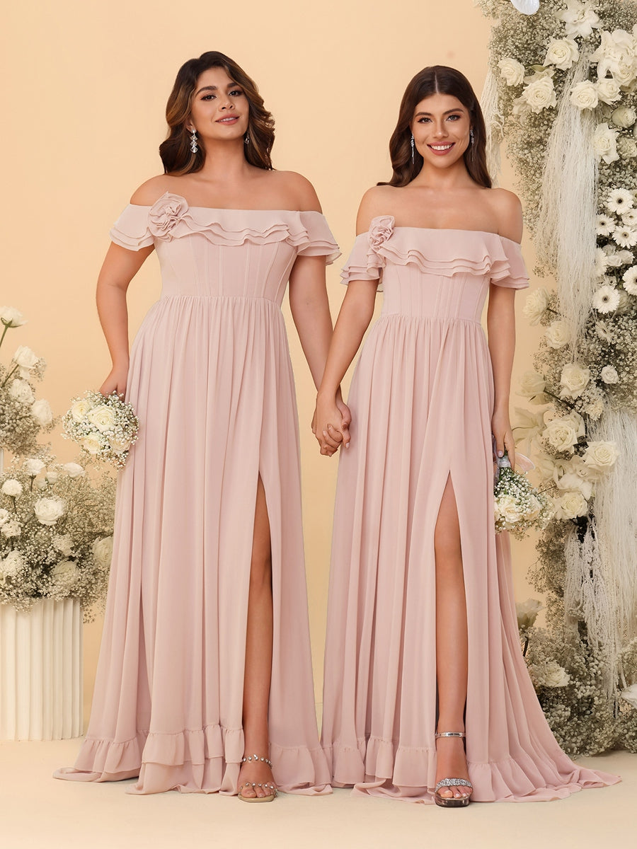 Chiffon A-Line/Princess Off-the-Shoulder Short Sleeves Ruched Bridesmaid Dresses Blush Pink