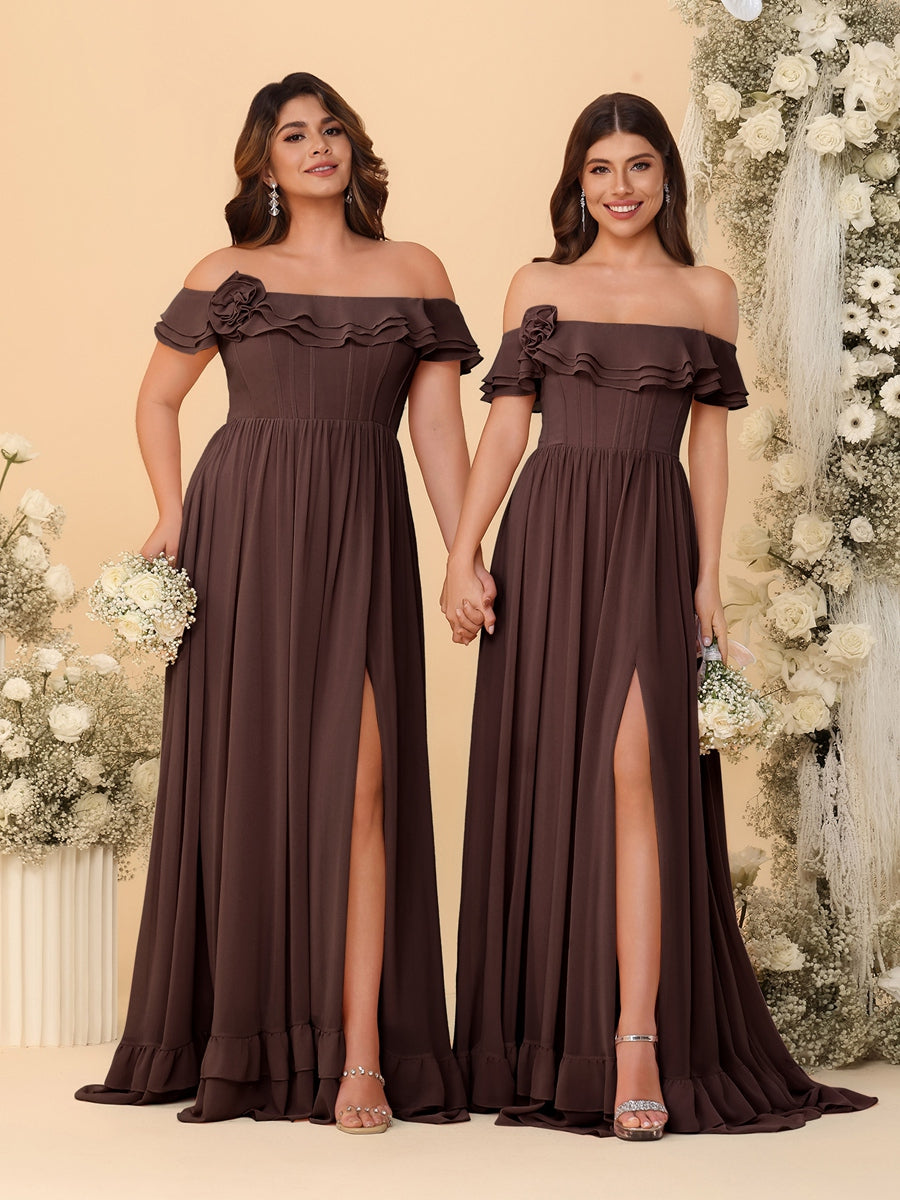 Chiffon A-Line/Princess Off-the-Shoulder Short Sleeves Ruched Bridesmaid Dresses Brown