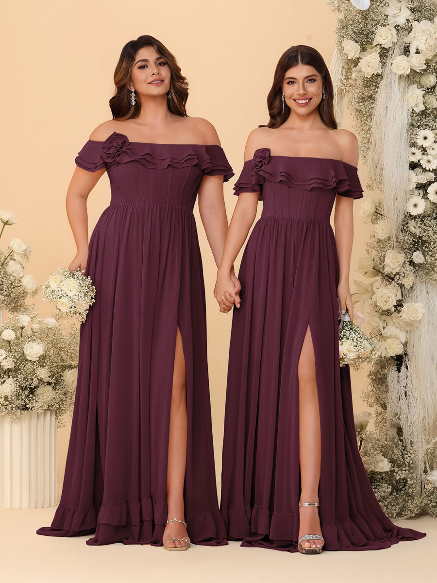 Chiffon A-Line/Princess Off-the-Shoulder Short Sleeves Ruched Bridesmaid Dresses Burgundy