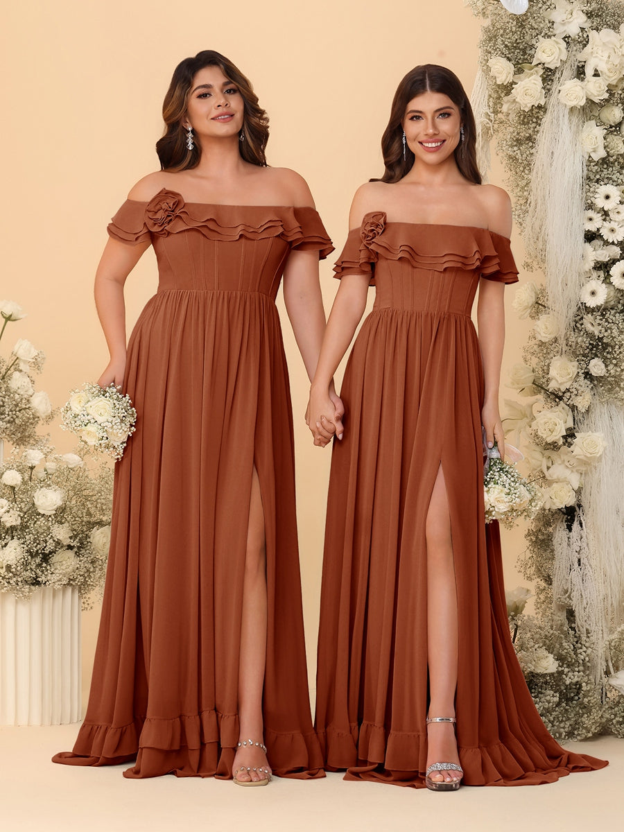 Chiffon A-Line/Princess Off-the-Shoulder Short Sleeves Ruched Bridesmaid Dresses Burnt Orange