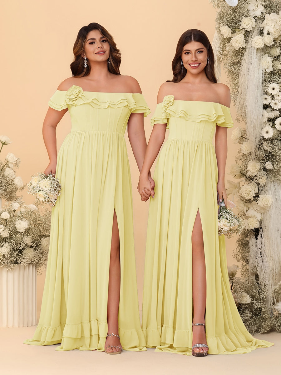 Chiffon A-Line/Princess Off-the-Shoulder Short Sleeves Ruched Bridesmaid Dresses Canary