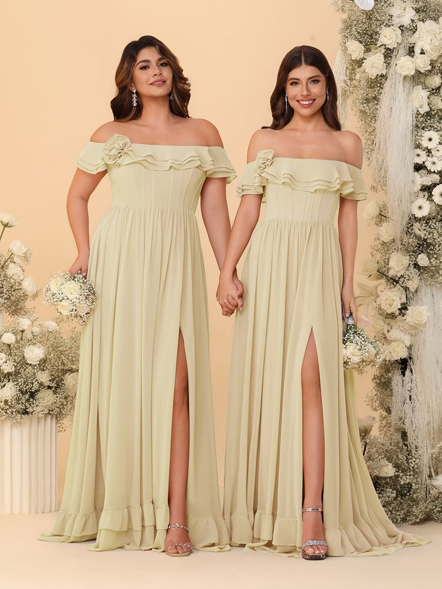 Chiffon A-Line/Princess Off-the-Shoulder Short Sleeves Ruched Bridesmaid Dresses Champagne