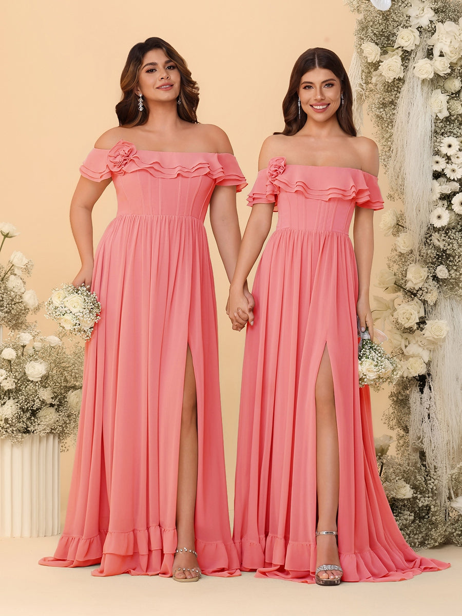 Chiffon A-Line/Princess Off-the-Shoulder Short Sleeves Ruched Bridesmaid Dresses Coral