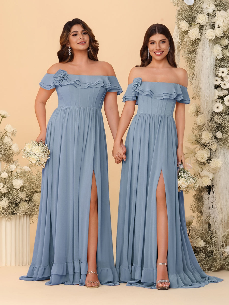 Chiffon A-Line/Princess Off-the-Shoulder Short Sleeves Ruched Bridesmaid Dresses Dusty Blue
