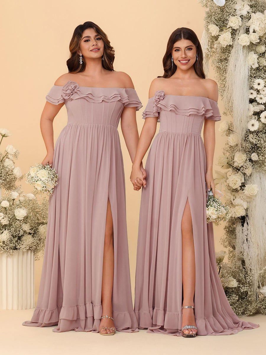 Chiffon A-Line/Princess Off-the-Shoulder Short Sleeves Ruched Bridesmaid Dresses Dusty Pink