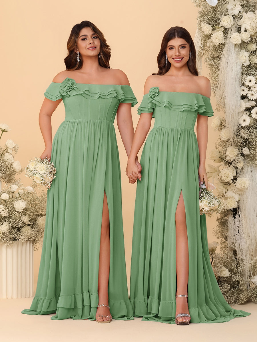 Chiffon A-Line/Princess Off-the-Shoulder Short Sleeves Ruched Bridesmaid Dresses Dusty Sage