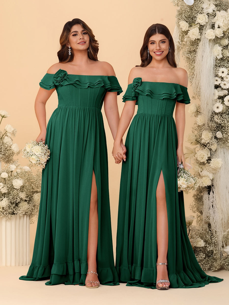 Chiffon A-Line/Princess Off-the-Shoulder Short Sleeves Ruched Bridesmaid Dresses Emerald