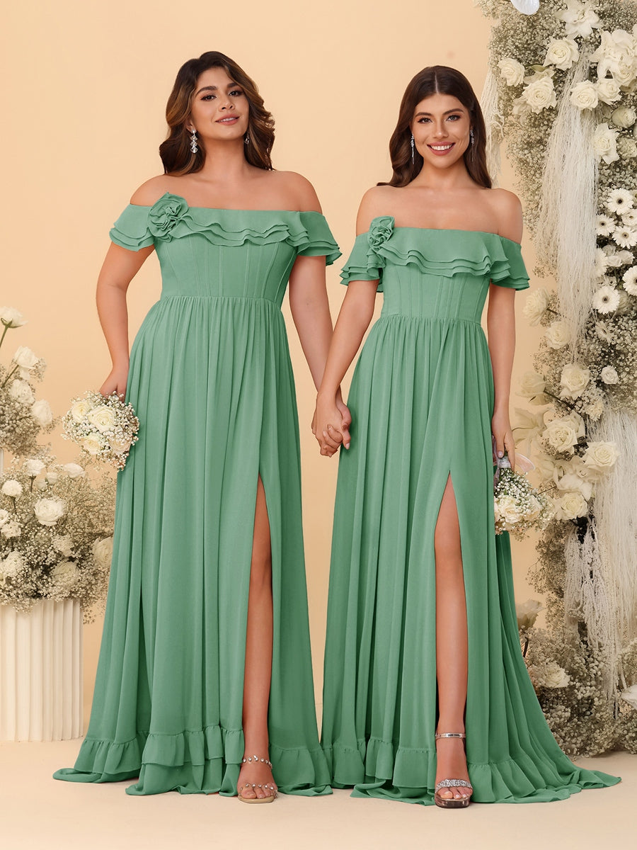 Chiffon A-Line/Princess Off-the-Shoulder Short Sleeves Ruched Bridesmaid Dresses Eucalyptus