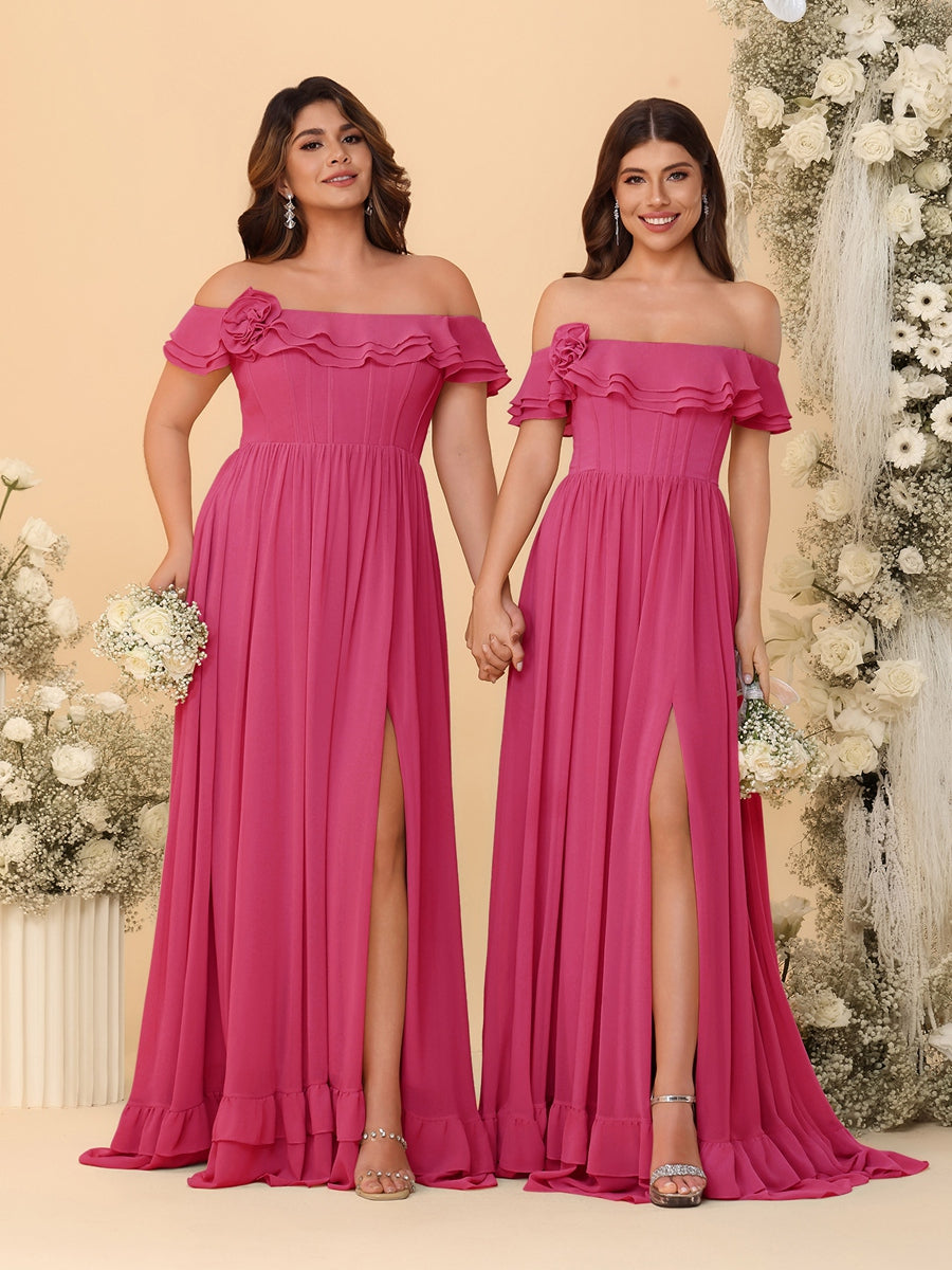 Chiffon A-Line/Princess Off-the-Shoulder Short Sleeves Ruched Bridesmaid Dresses Fuchsia