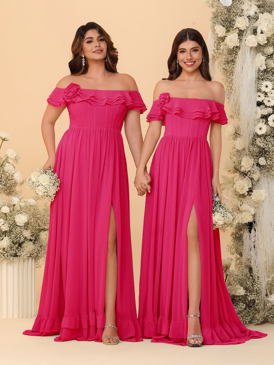 Chiffon A-Line/Princess Off-the-Shoulder Short Sleeves Ruched Bridesmaid Dresses Fuchsia Pink