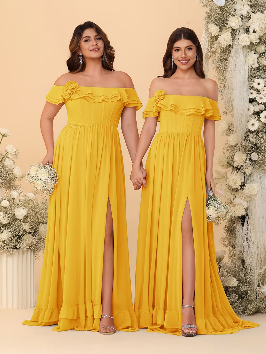 Chiffon A-Line/Princess Off-the-Shoulder Short Sleeves Ruched Bridesmaid Dresses Gold