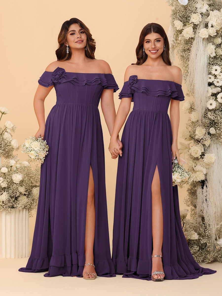 Chiffon A-Line/Princess Off-the-Shoulder Short Sleeves Ruched Bridesmaid Dresses Grape