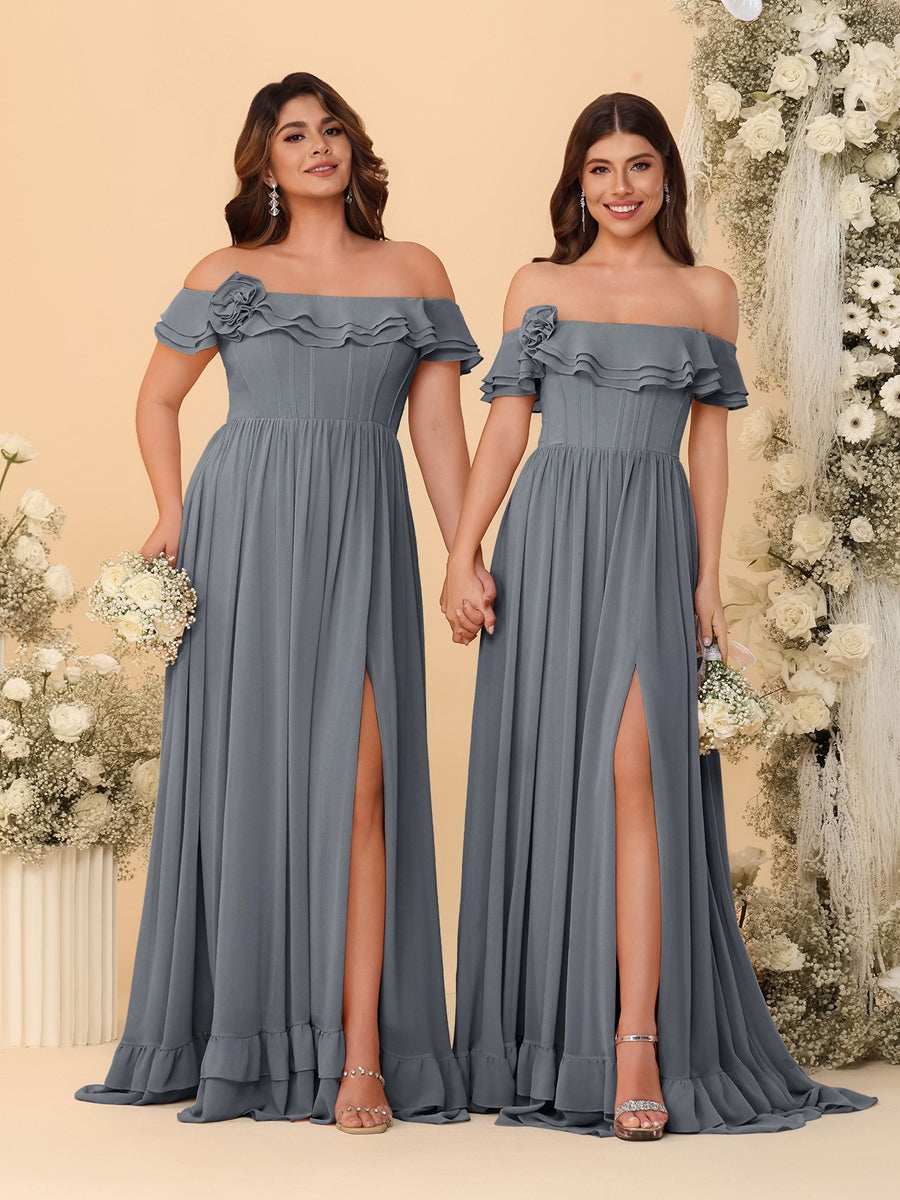 Chiffon A-Line/Princess Off-the-Shoulder Short Sleeves Ruched Bridesmaid Dresses Gray