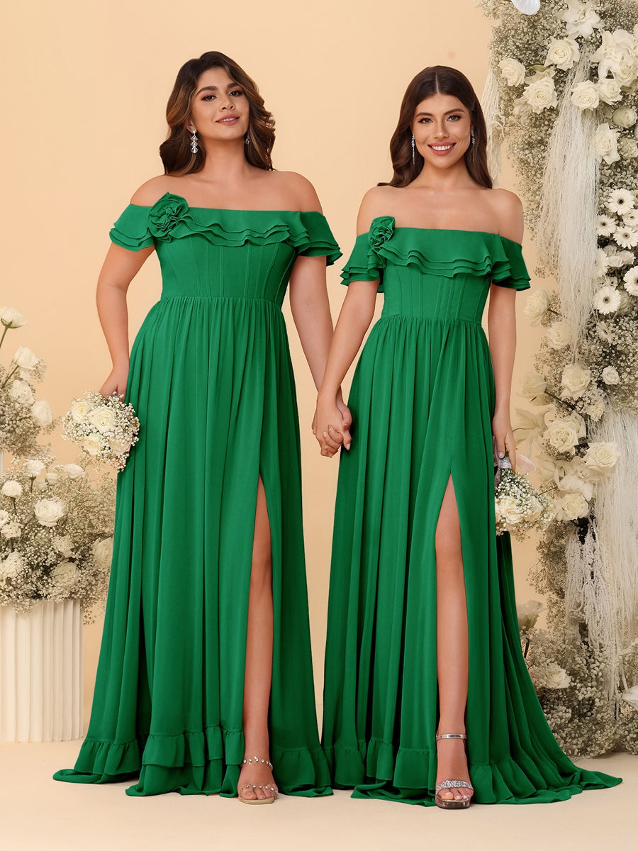 Chiffon A-Line/Princess Off-the-Shoulder Short Sleeves Ruched Bridesmaid Dresses Green