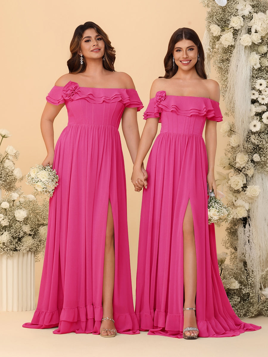 Chiffon A-Line/Princess Off-the-Shoulder Short Sleeves Ruched Bridesmaid Dresses Hot Pink