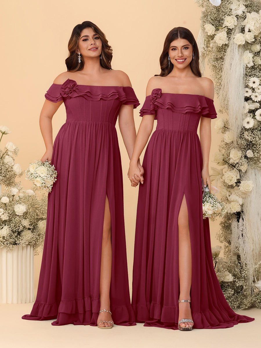 Chiffon A-Line/Princess Off-the-Shoulder Short Sleeves Ruched Bridesmaid Dresses Light Burgundy