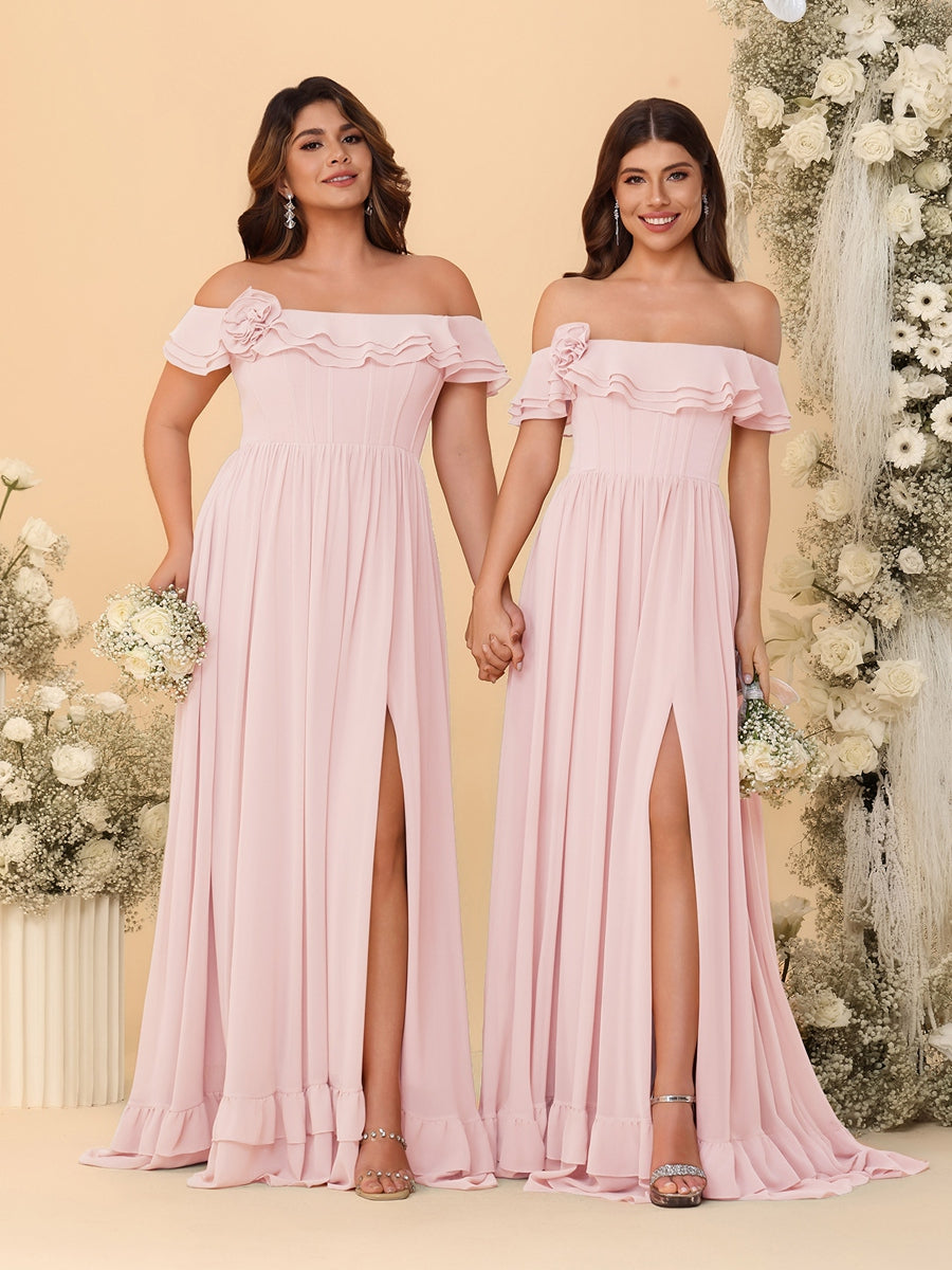 Chiffon A-Line/Princess Off-the-Shoulder Short Sleeves Ruched Bridesmaid Dresses Light Pink