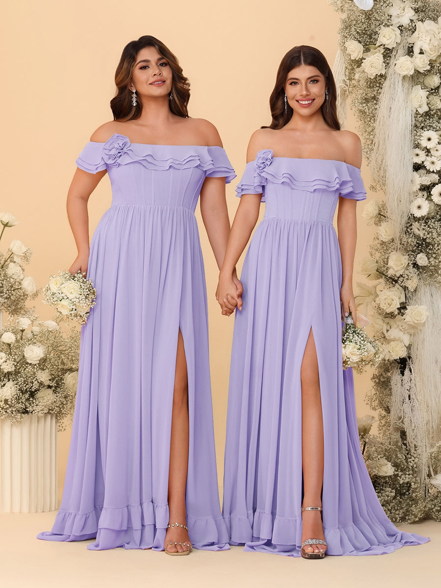 Chiffon A-Line/Princess Off-the-Shoulder Short Sleeves Ruched Bridesmaid Dresses Lilac