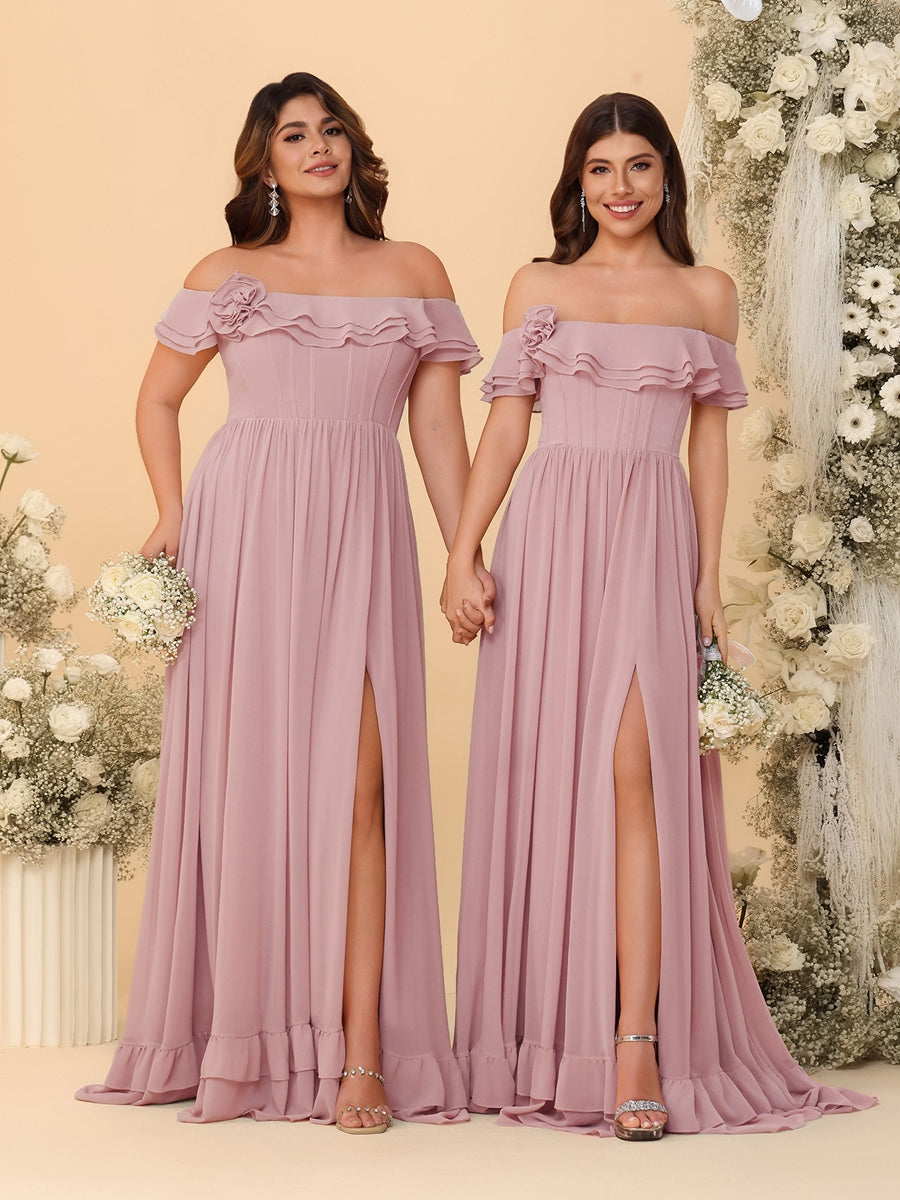 Chiffon A-Line/Princess Off-the-Shoulder Short Sleeves Ruched Bridesmaid Dresses Mauve