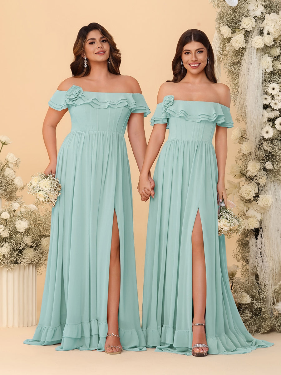 Chiffon A-Line/Princess Off-the-Shoulder Short Sleeves Ruched Bridesmaid Dresses Mist Blue