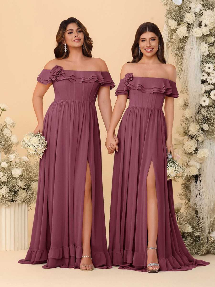 Chiffon A-Line/Princess Off-the-Shoulder Short Sleeves Ruched Bridesmaid Dresses Mulberry