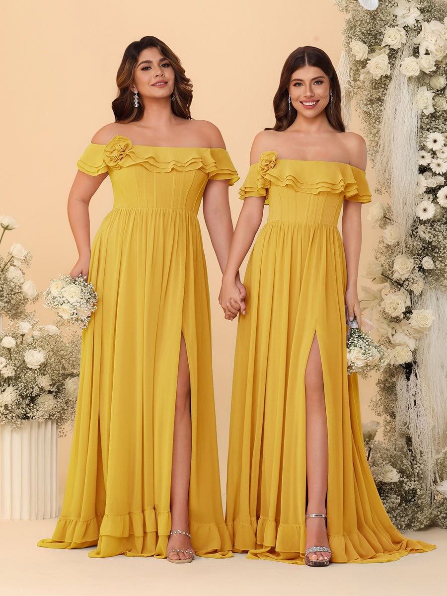Chiffon A-Line/Princess Off-the-Shoulder Short Sleeves Ruched Bridesmaid Dresses Mustard Yellow