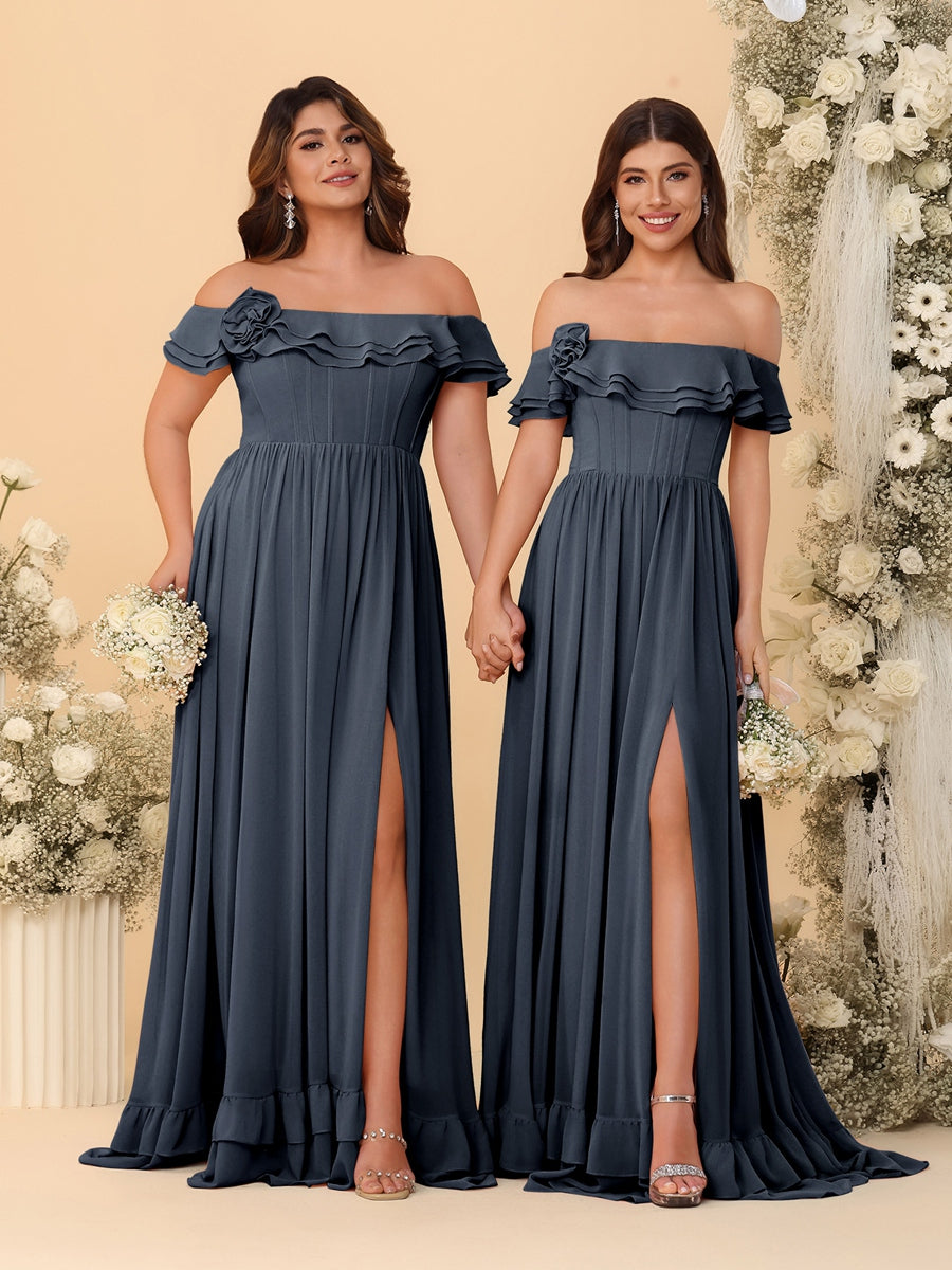 Chiffon A-Line/Princess Off-the-Shoulder Short Sleeves Ruched Bridesmaid Dresses Navy Blue