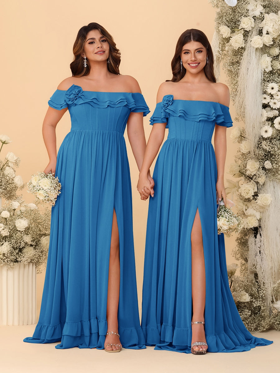 Chiffon A-Line/Princess Off-the-Shoulder Short Sleeves Ruched Bridesmaid Dresses Ocean Blue