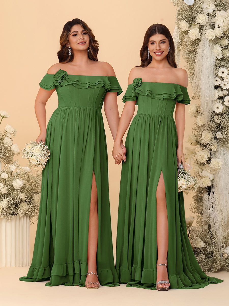 Chiffon A-Line/Princess Off-the-Shoulder Short Sleeves Ruched Bridesmaid Dresses Olive Green