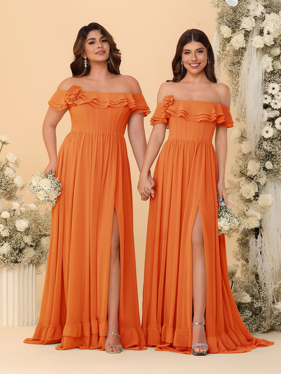 Chiffon A-Line/Princess Off-the-Shoulder Short Sleeves Ruched Bridesmaid Dresses Orange