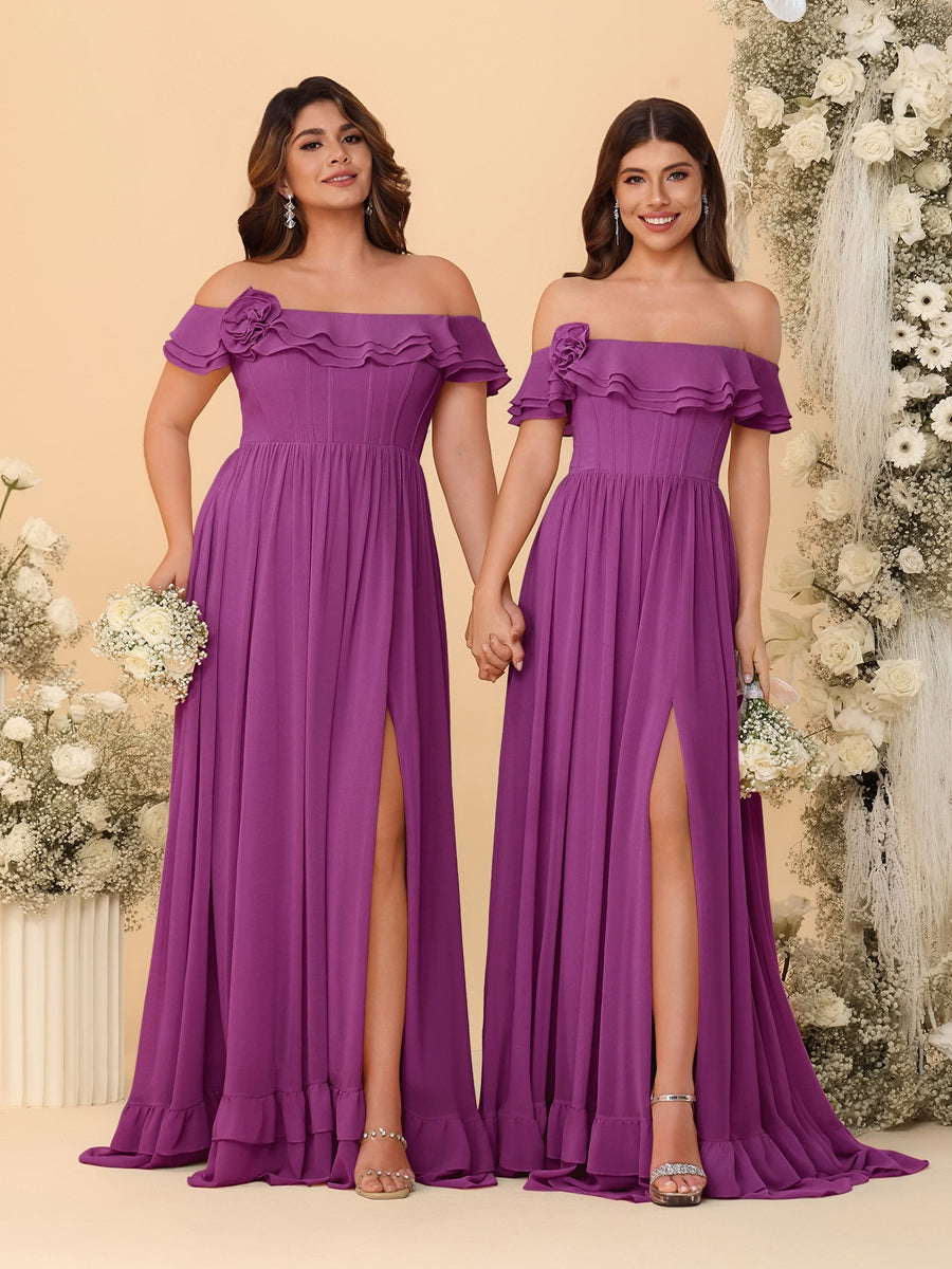 Chiffon A-Line/Princess Off-the-Shoulder Short Sleeves Ruched Bridesmaid Dresses Orchid