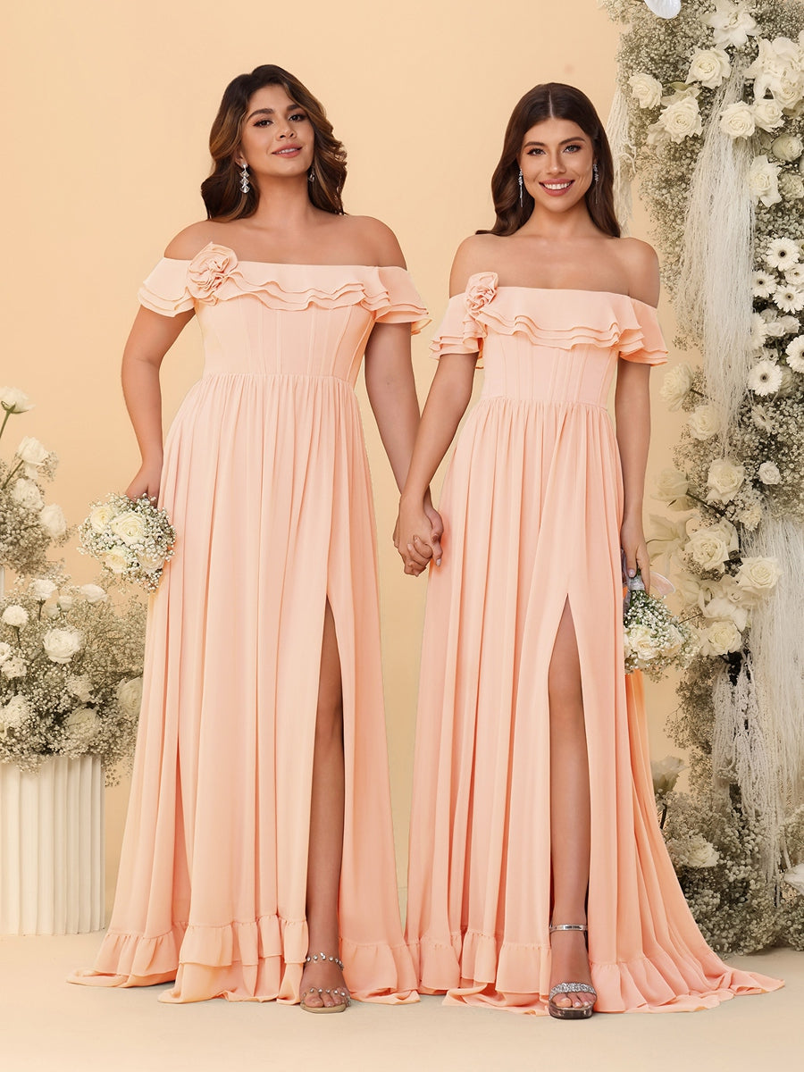 Chiffon A-Line/Princess Off-the-Shoulder Short Sleeves Ruched Bridesmaid Dresses Peach Pink