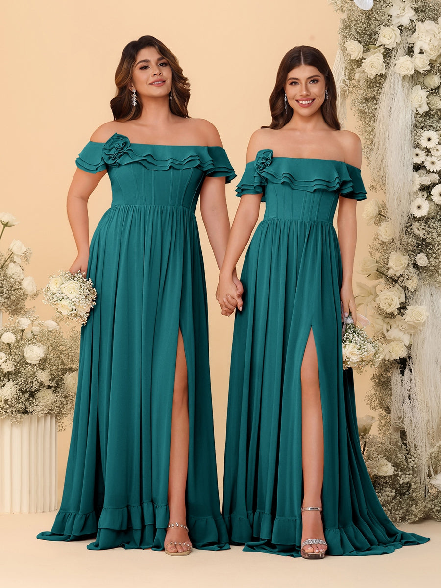 Chiffon A-Line/Princess Off-the-Shoulder Short Sleeves Ruched Bridesmaid Dresses Peacock