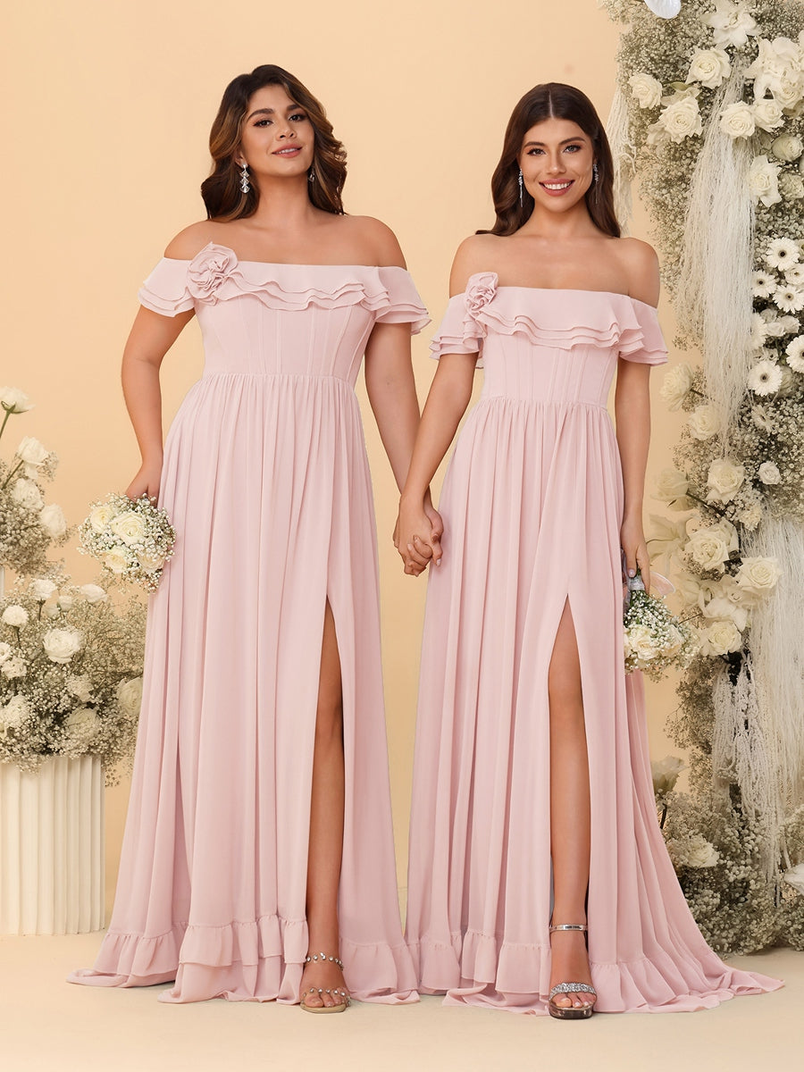 Chiffon A-Line/Princess Off-the-Shoulder Short Sleeves Ruched Bridesmaid Dresses Pearl Pink