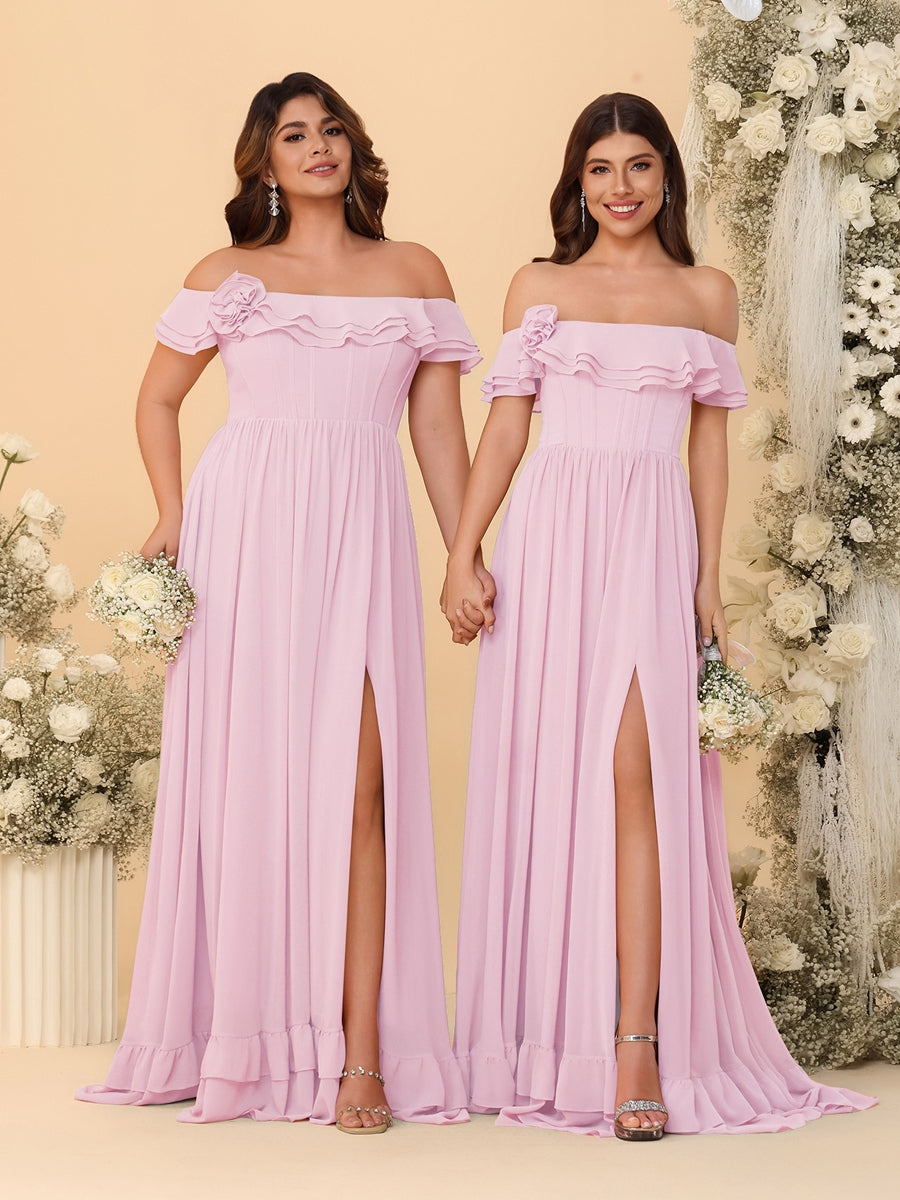 Chiffon A-Line/Princess Off-the-Shoulder Short Sleeves Ruched Bridesmaid Dresses Pink