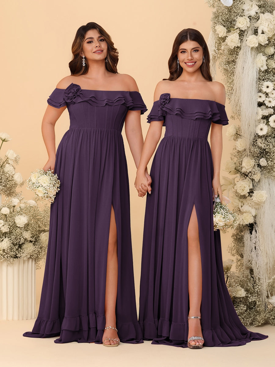 Chiffon A-Line/Princess Off-the-Shoulder Short Sleeves Ruched Bridesmaid Dresses Plum