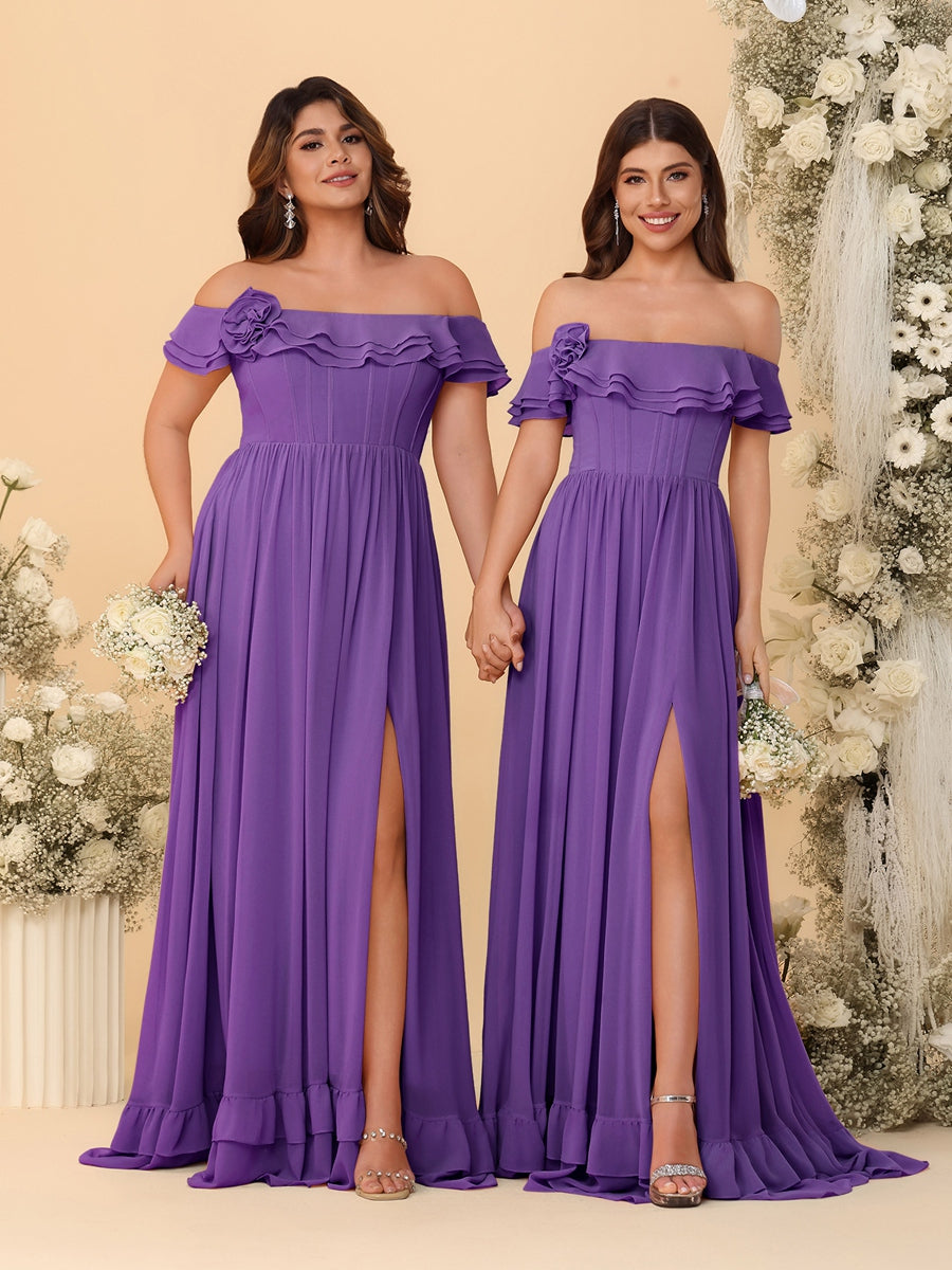 Chiffon A-Line/Princess Off-the-Shoulder Short Sleeves Ruched Bridesmaid Dresses Purple