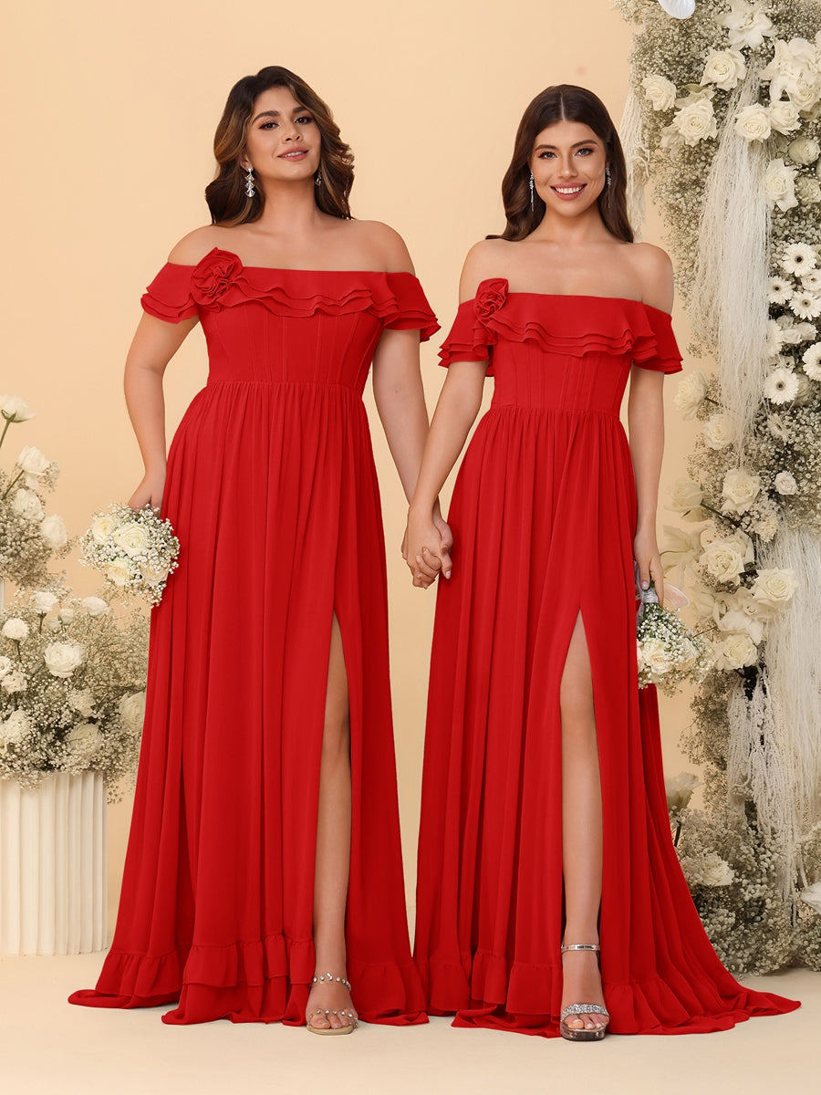 Chiffon A-Line/Princess Off-the-Shoulder Short Sleeves Ruched Bridesmaid Dresses Red