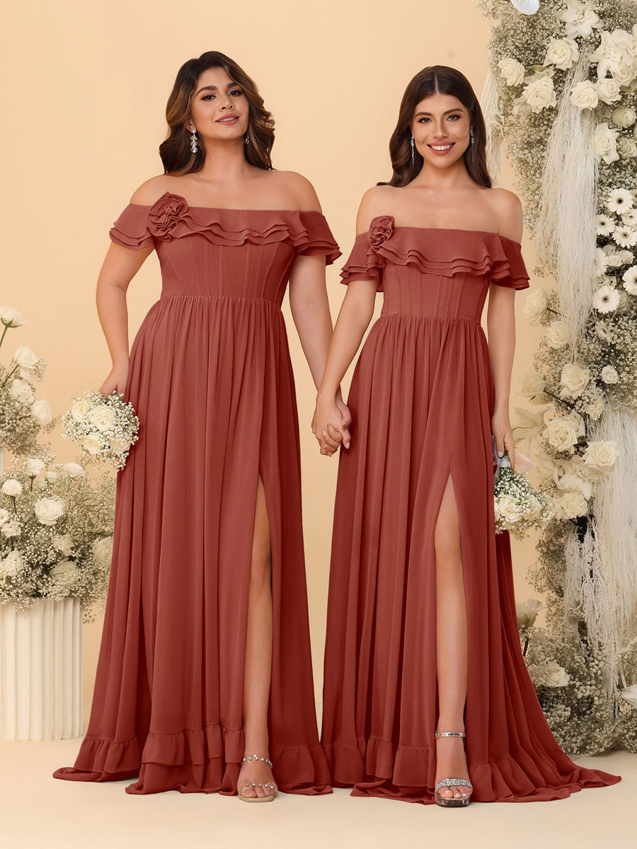 Chiffon A-Line/Princess Off-the-Shoulder Short Sleeves Ruched Bridesmaid Dresses Rust