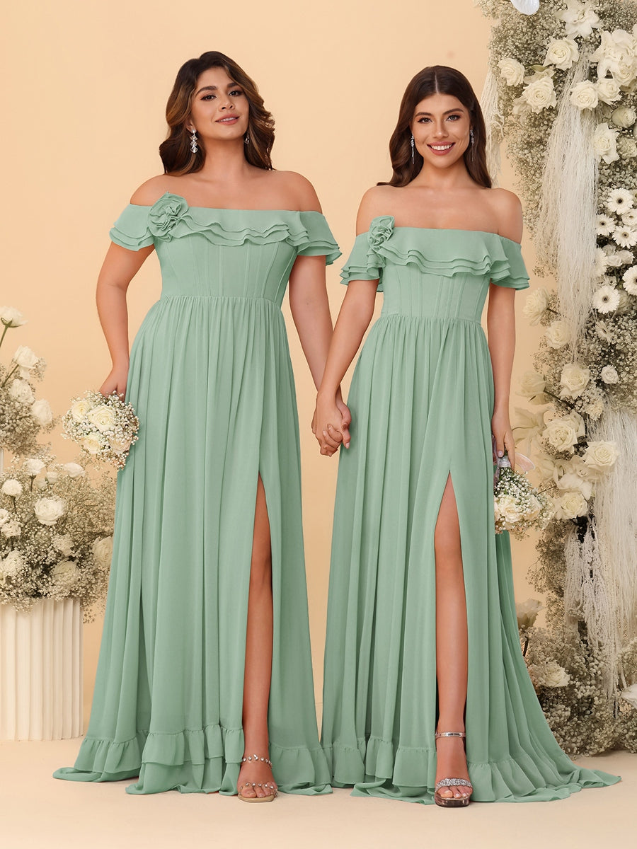 Chiffon A-Line/Princess Off-the-Shoulder Short Sleeves Ruched Bridesmaid Dresses Sage