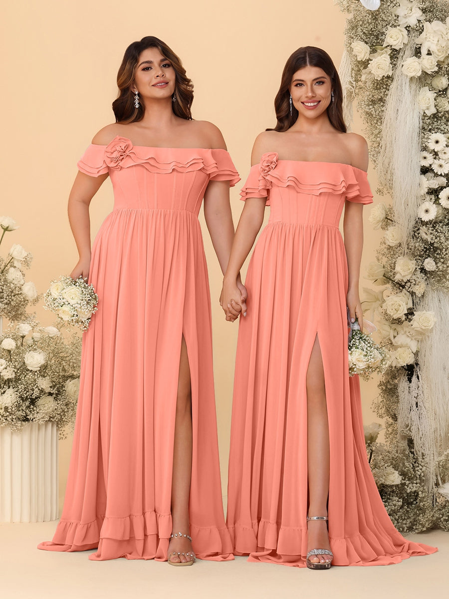 Chiffon A-Line/Princess Off-the-Shoulder Short Sleeves Ruched Bridesmaid Dresses Salmon