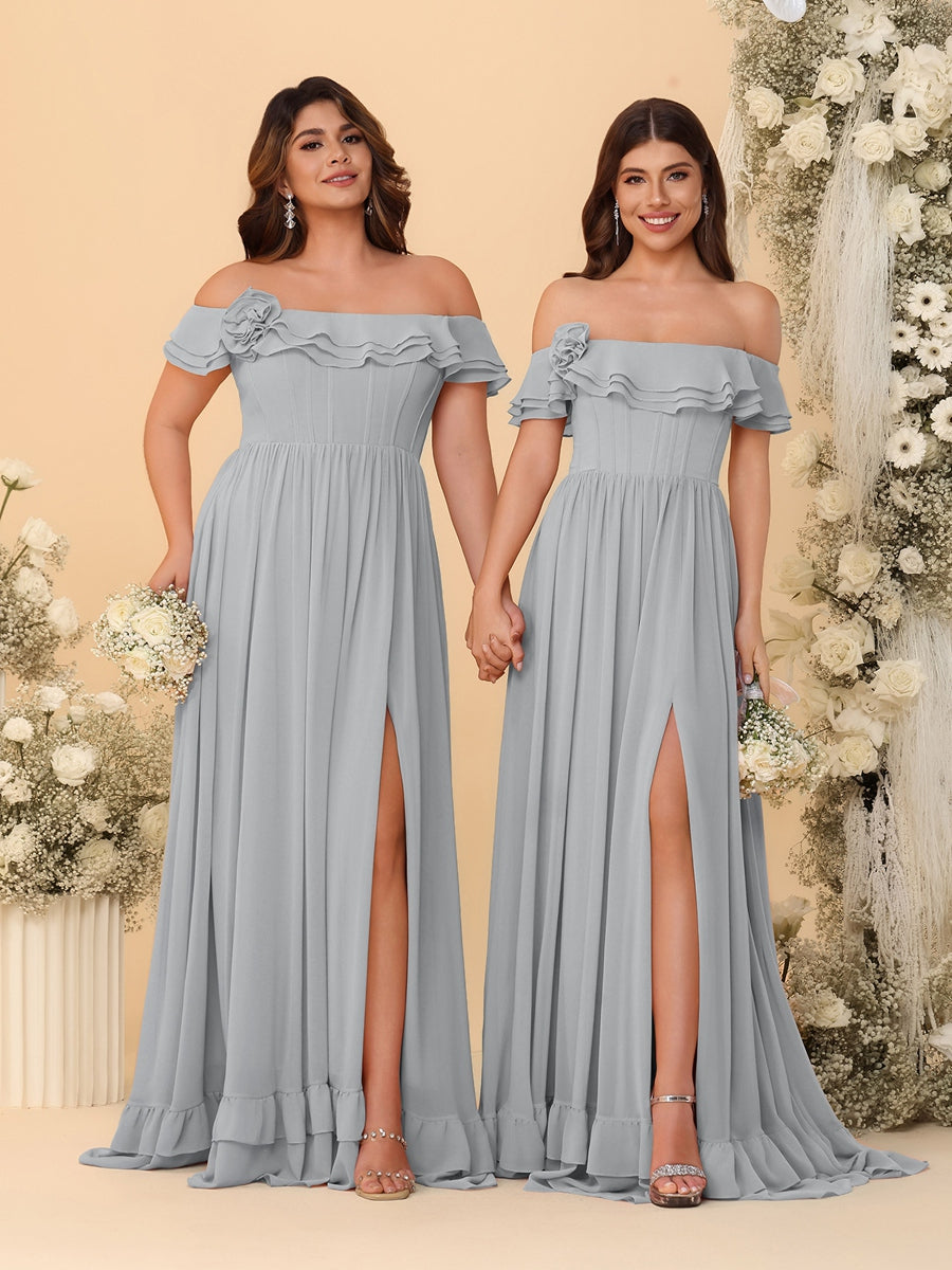 Chiffon A-Line/Princess Off-the-Shoulder Short Sleeves Ruched Bridesmaid Dresses Silver